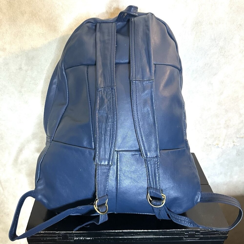 Genuine Leather Backpack Blue Front Pocket Zip Closure Lightweight - Picture 3 of 7